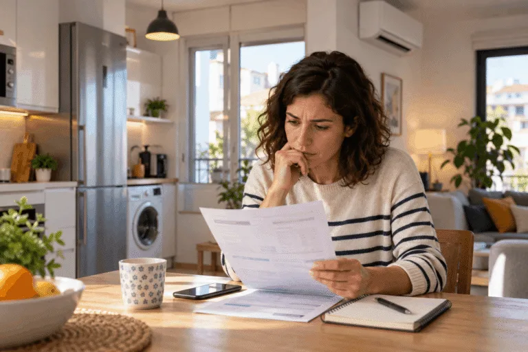 Persona revisando la factura de la luz en casa para identificar posibles causas de un gasto eléctrico elevado