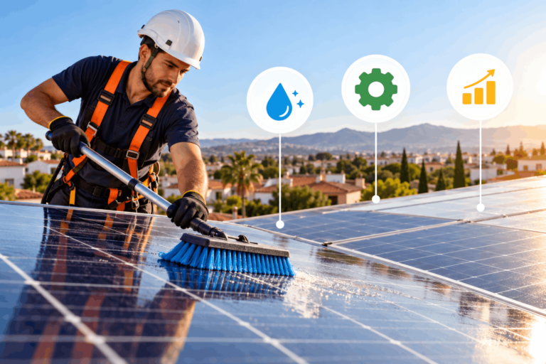 Profesional realizando el mantenimiento y limpieza de paneles solares en una vivienda en España