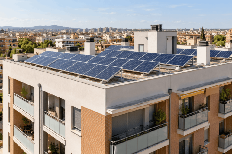 Placas solares instaladas en la cubierta de un edificio de una comunidad de propietarios