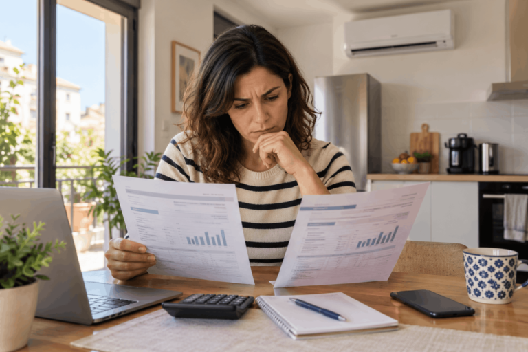 Mujer comparando facturas de electricidad para averiguar por qué ha subido el importe