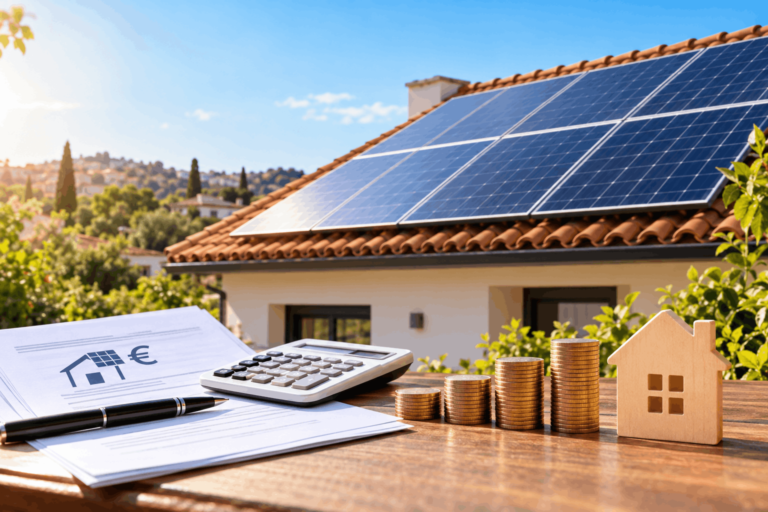 Placas solares en el tejado de una vivienda en España junto a un presupuesto y una calculadora.